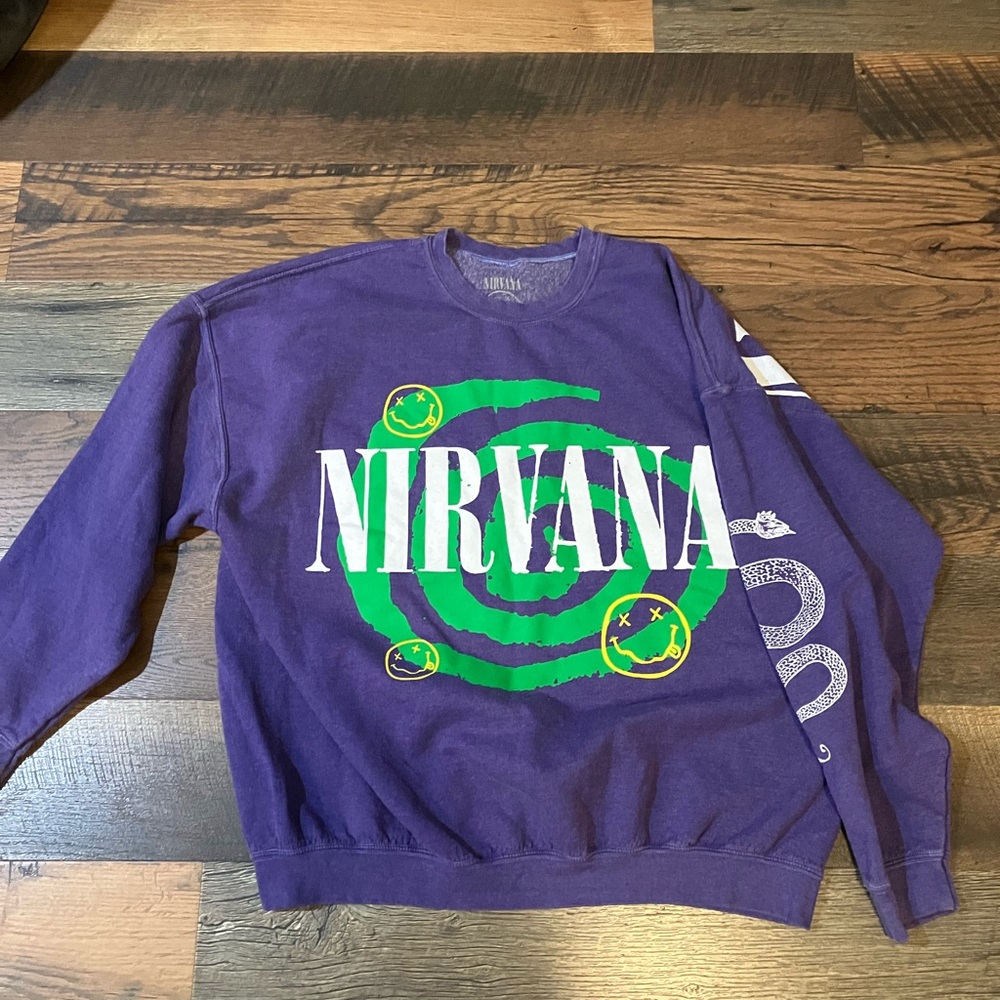 Urban Outfitters Purple and Green Nirvana Crewneck Sweater